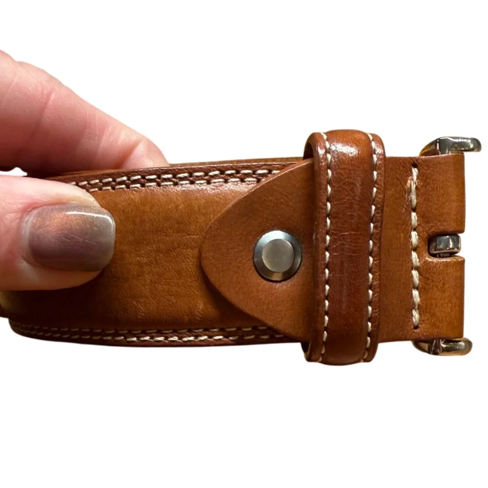 BRONZINO Brown Leather Belt Men's 34/85 Silver Buckle White Stitching Italy